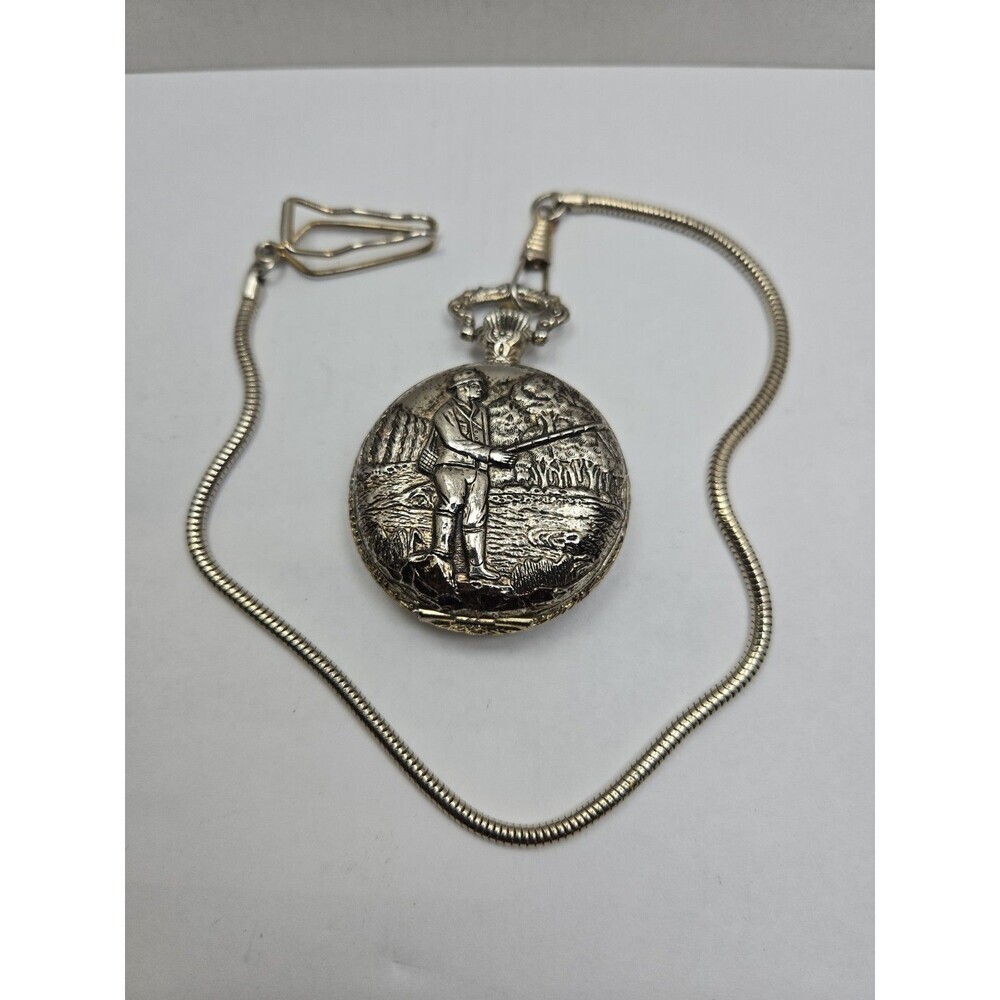 Vintage Cariole Mechanical Wind Pocket Watch Fishing Angler Hunter Case Runs